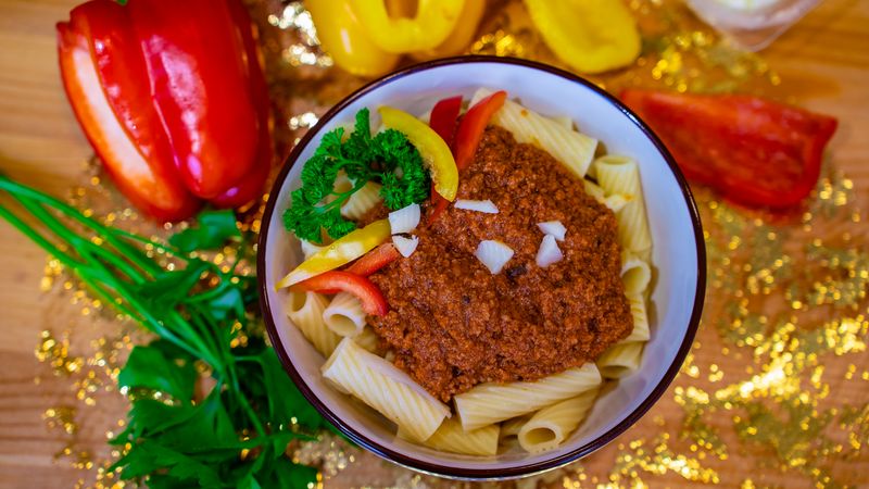 Rigatoni Bolognese slow cooked meat sauce pasta